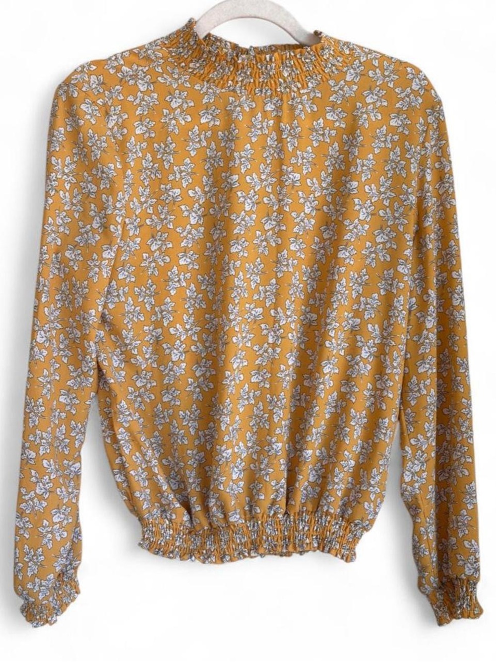 Smocked Neck Floral Blouse in Mustard